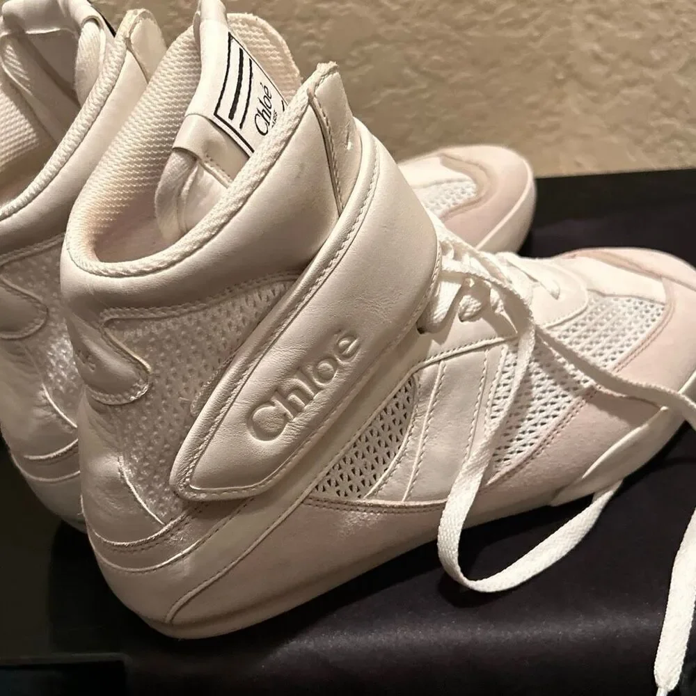 Chloe Women’s Size 41 Kick Leather & Mesh High Top Sneaker Cloudy Cream NEW
